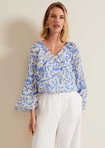 Phase Eight Simi Leaf Print Filcoupe Shirts Blue USA | 3657048-HW